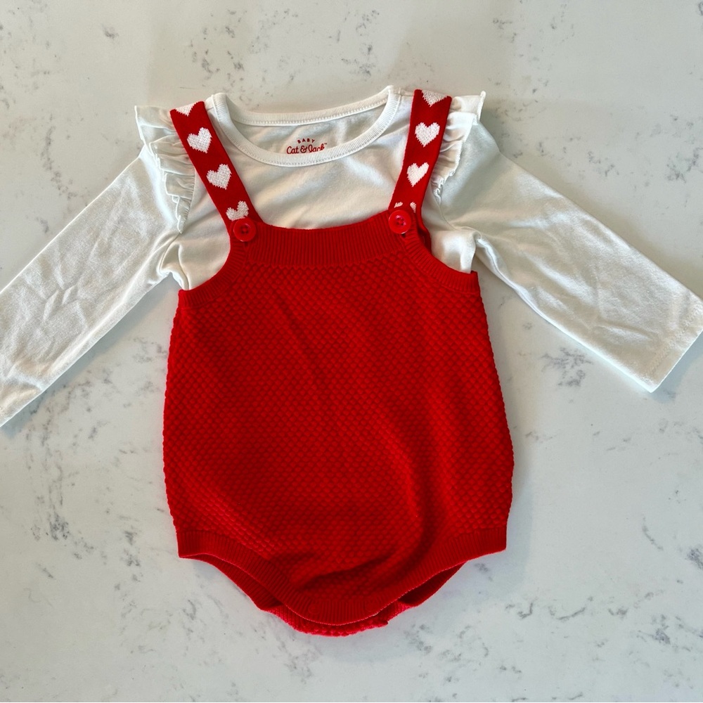 Cat & Jack baby girl red heart romper and top set | 12 months